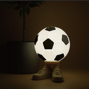 Puede incluir: Una lámpara con forma de balón de fútbol con paneles negros y blancos, apoyada sobre un par de zapatillas blancas. La lámpara está iluminada, emitiendo un brillo suave. Una planta en maceta está en el fondo. Tema: deportes y decoración del hogar.