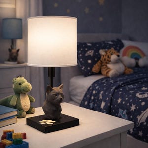 Puede incluir: Una lámpara de noche con una pantalla blanca y una base oscura con una escultura de gato. La lámpara está sobre una mesita de noche blanca, junto a un dinosaurio de peluche y bloques de construcción. La habitación tiene un tema espacial.