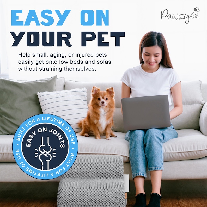May include: A light gray pet step with two steps is in front of a sofa. A small, brown dog sits on the sofa next to a person using a laptop. The text "EASY ON YOUR PET" is at the top of the image.