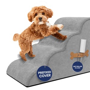 May include: A gray pet step with three tiers, featuring a textured surface and a smooth side. A small, brown dog is climbing the steps. Includes a lint roller. The step has a "Prefixed Cover" label.