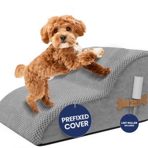 May include: A small, brown dog stands on a gray pet ramp with a textured surface. The ramp has a curved design and includes a removable lint roller. The tag reads "Prefixed Cover".