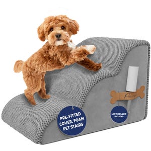 PAWZY Foam Pet Stairs for Bed, Couch or Window, No assembly required - Waterproof, Non-Slip Base, 2, 3 and 4 step, Lint roller included-Grey
