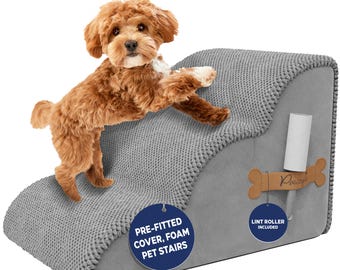 PAWZY Foam Pet Stairs for Bed, Couch or Window, No assembly required - Waterproof, Non-Slip Base, 2, 3 and 4 step, Lint roller included-Grey