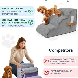 PAWZY Foam Pet Stairs for Bed, Couch or Window, No assembly required - Waterproof, Non-Slip Base, 2, 3 and 4 step, Lint roller included-Grey image 4