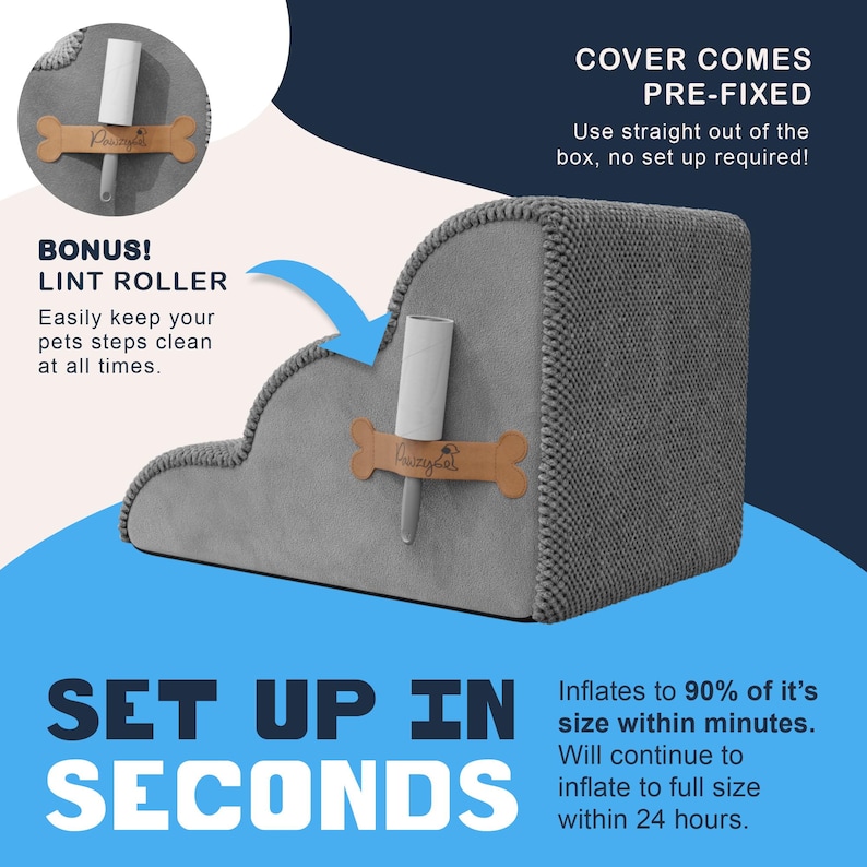 May include: Gray pet steps with a bone-shaped lint roller holder. The steps have a textured surface and a knitted side. The image includes text that says "Bonus! Lint Roller" and "Set up in seconds."