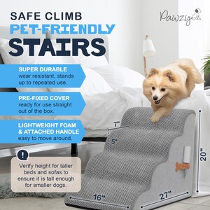 May include: A gray pet-friendly stair with the text "SAFE CLIMB PET-FRIENDLY STAIRS". The stair is 27 inches long, 16 inches wide, and 20 inches tall. It has a handle and is designed for easy use by small dogs.
