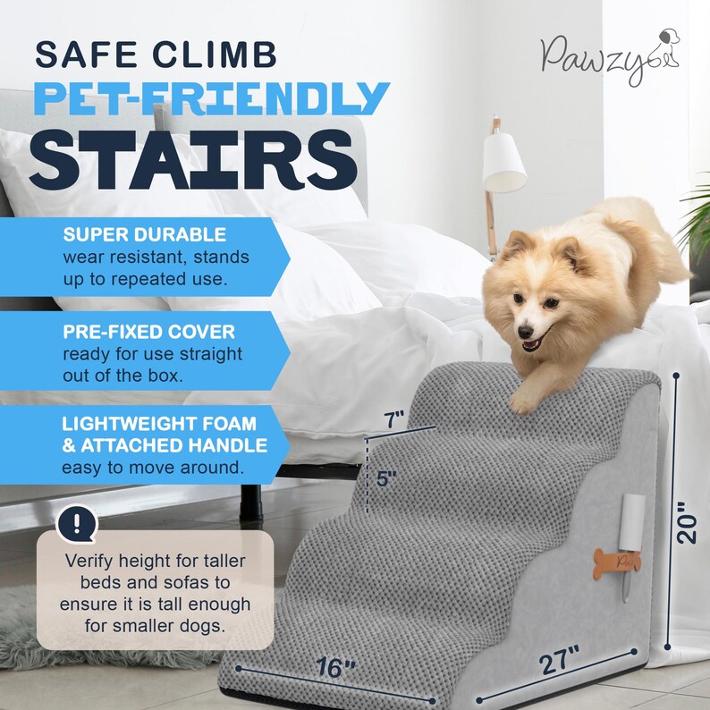 May include: A gray pet-friendly stair with the text "SAFE CLIMB PET-FRIENDLY STAIRS". The stair is 27 inches long, 16 inches wide, and 20 inches tall. It has a handle and is designed for easy use by small dogs.