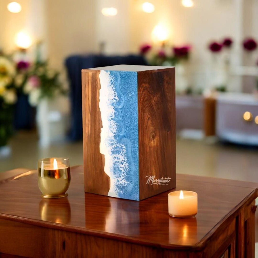 Handcrafted Rosewood Cremation Urn Box: Ocean Wave Resin Design - Etsy