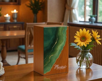Handmade Wood Cremation Urn – Green Resin Art, Funeral Keepsake Box