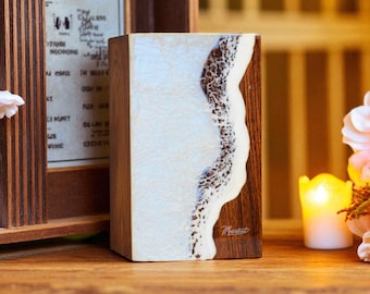 Rosewood Urn with Resin Ocean Wave Design – Handmade Wooden Cremation Urn for Ashes