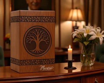 Urna de madera artesanal Árbol de la Vida – Caja de cremación con tallado floral