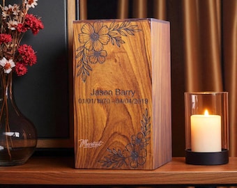 Urna de palisandro personalizada con flores grabadas: urna conmemorativa personalizada para cenizas humanas
