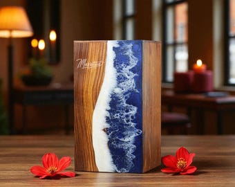Resin Ocean Wave Wooden Urn – Handcrafted Cremation Memorial