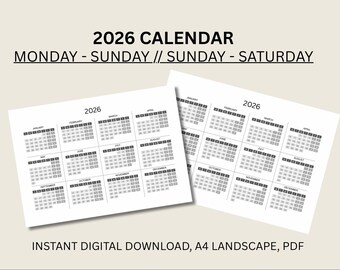 2026 Printable Calendar • PDF Download • A4 Landscape • Sunday & Monday Start
