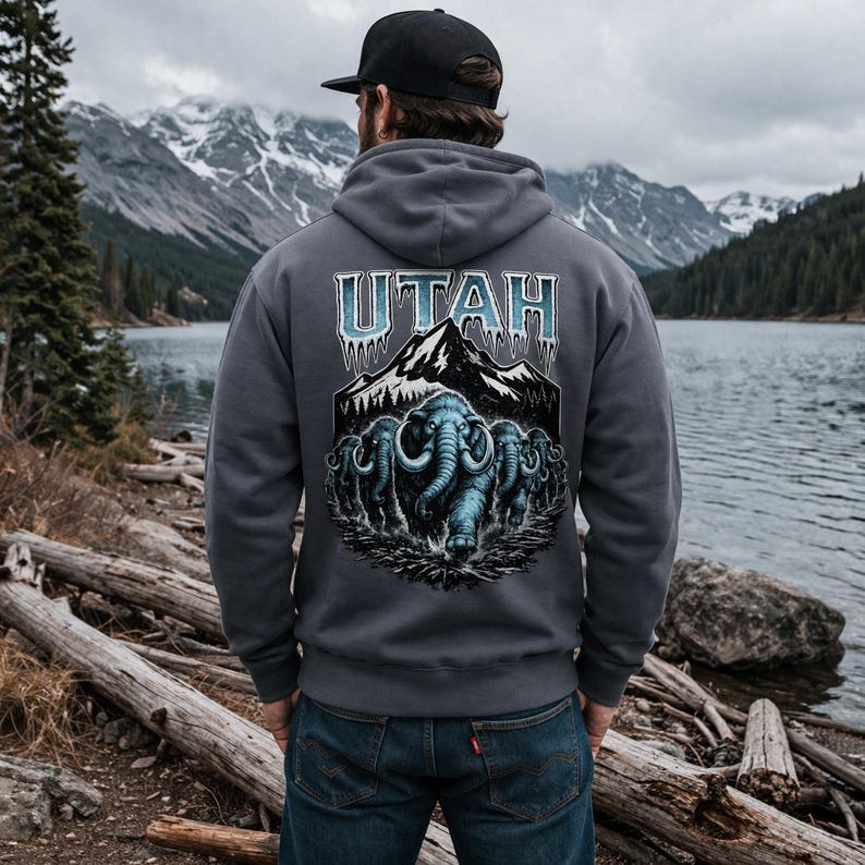 May include: A charcoal gray hoodie featuring a graphic of three blue mammoths walking towards the viewer, with the word "UTAH" above a mountain range. The hoodie has a drawstring hood and is made of a soft material.