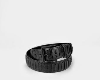 Black Python Leather Belt: 38mm Wide, Solid Brass Buckle