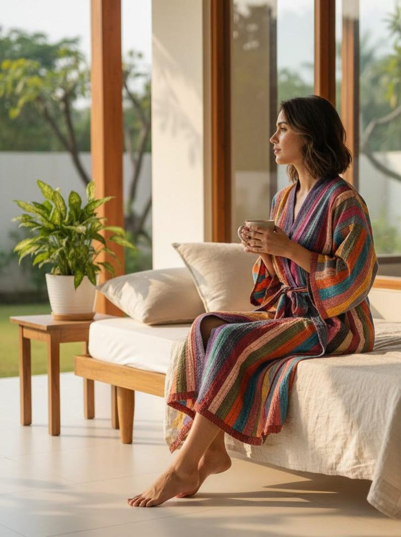 May include: A colorful striped robe with a matching belt. The robe features a V-neck and wide sleeves. The robe is made of a soft, textured fabric. The person is sitting on a bed with a cup in their hands.