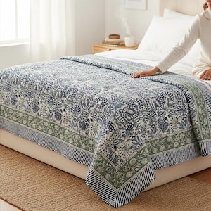 Hand Block Print Blue White Kantha Quilt: Indian Cotton Floral Bedspread