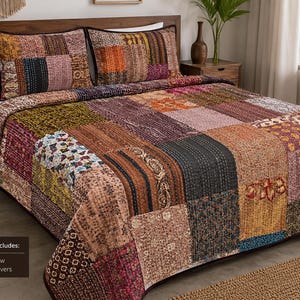 Brown Silk Patchwork Kantha Bed Throw Quilt with 2 Pillow Covers, Handmade Indian Quilt Bedspread Art