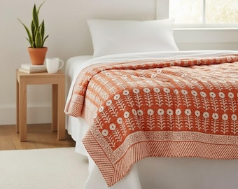 Kantha Quilt: Handmade Indian Cotton Orange Floral Print Bedspread Throw