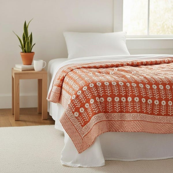 Kantha Quilt: Handmade Indian Cotton Orange Floral Print Bedspread Throw