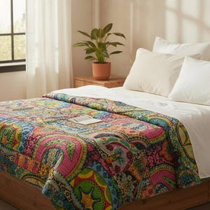 Edredón Kantha con estampado multicolor indio, colcha de algodón tamaño Queen Kantha Gudari