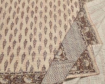 Handmade Beige Kantha Quilt | Block Print Cotton Bedspread