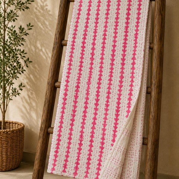 Pink Kantha Quilt, Hand-Block Printed Cotton Bedspread, Reversible Boho Throw Blanket