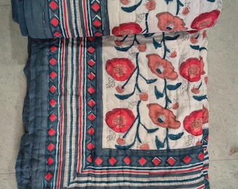 Indian Handmade Jaipuri Quilted Cotton Razai: Floral Print Bedspread