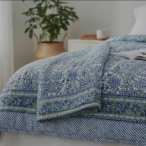 Blau Grün Kantha Quilt | Hand Block Baumwolle Quilt | Indische Wendebettdecke | Handgemachte Decke werfen