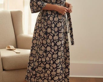 Roupão Kimono Kantha Preto, Kimono de Algodão, Roupão Kantha Reversível, Roupão de Banho, Roupão Boho, Roupão Feminino para Relaxar, Presente Sustentável