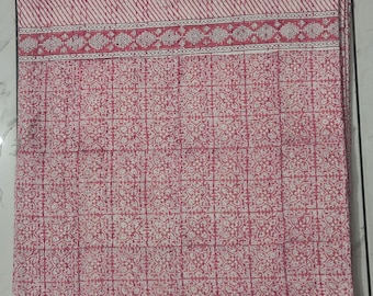 Pink Floral Kantha Quilt: Reversible Throw Hand-Block Printed Cotton bedspreads
