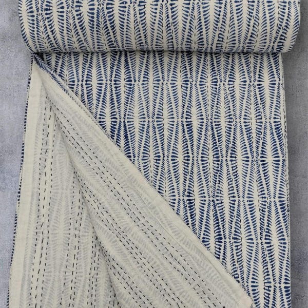Blue White Kantha Quilt Handmade Indian Cotton Bedspread Reversible Throw Blanket Boho Home Decor