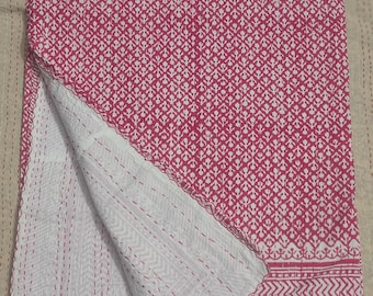 Handmade Indian Cotton Kantha Quilt, Pink Hand Block Print, Queen