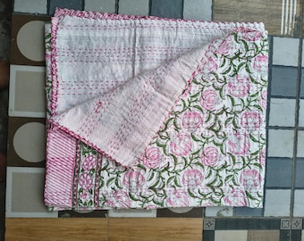 Hand Block Print Kantha Quilt: Indian Floral Blanket Bedspread