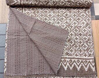 Brown Kantha Quilt, Hand-Block Printed Cotton Queen Bedspread