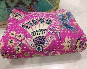 Indian Handmade Kantha Quilt Hand Block Print King Size Pink Bedspread Blanket