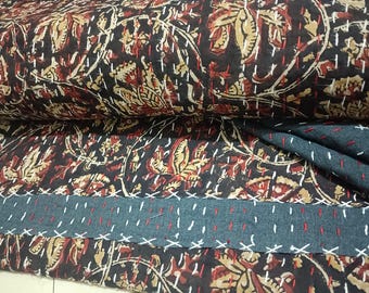 Black Floral Kantha Quilt | Block Print Cotton Blanket | Reversible Bedspread | Indian Bedding Throw Coverlet