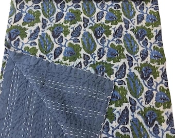 Blue Green Floral Print Kantha Quilt Indian Handmade Bedspread Queen Size Bed Cover Throw