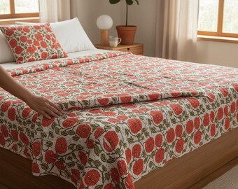 Orange Green Floral Kantha Quilt: Handmade Indian Cotton Bedspread Throw