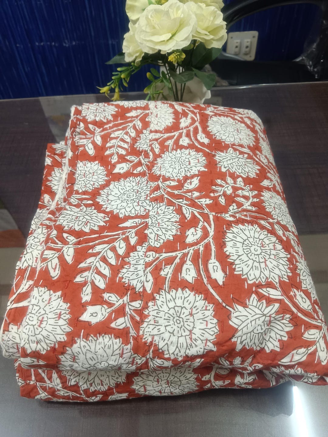 Inuj Floral Hand Block Print Kantha Quilt: Queen Size Reversible Cotton ...