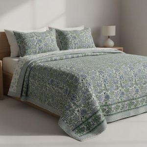 Blauwgroene kantha-quilt | Handgeblokte katoenen quilt | Indiase omkeerbare sprei | Handgemaakte dekenworp