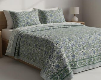 Blue Green Kantha Quilt | Hand Block Cotton Quilt | Indian Reversible Bedspread | Handmade Blanket Throw