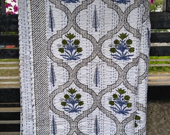 Handmade Floral Kantha Quilt: Indian Cotton Bedspread Blanket