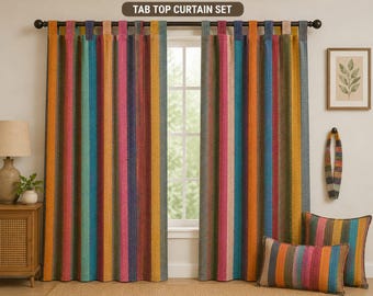 Handmade Kantha Quilted Cotton Curtains, Multicolor Striped Boho Tab Top Panels