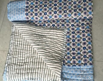 Floral Print Queen Razai Quilt: Indian Reversible Cotton Blanket