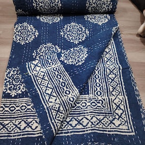 Blaue Indigo Kantha Quilt - Handgemachte Baumwolle Tagesdecke, Wendedecke, King Queen Full Size Bettwäsche werfen, Boho Hand Block Print Quilt