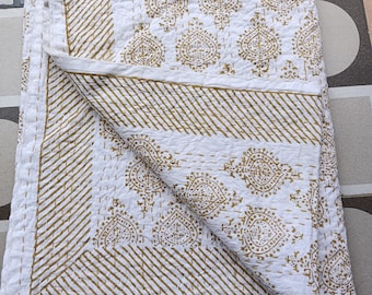 Brown Hand Block Kantha Quilt: Handmade Cotton Bedspread