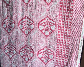 Pink Floral Kantha Quilt, Reversible Indian Cotton Bedspread
