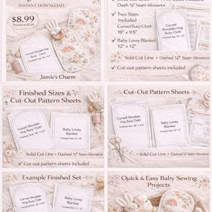 Puede incluir: Un anuncio de Etsy para un paquete de patrones de costura PDF de Burp Cloth y Lovey. La imagen muestra ejemplos de tamaños terminados, incluyendo un paño para eructos con forma y una manta para bebé. El paquete incluye hojas de patrones recortadas.